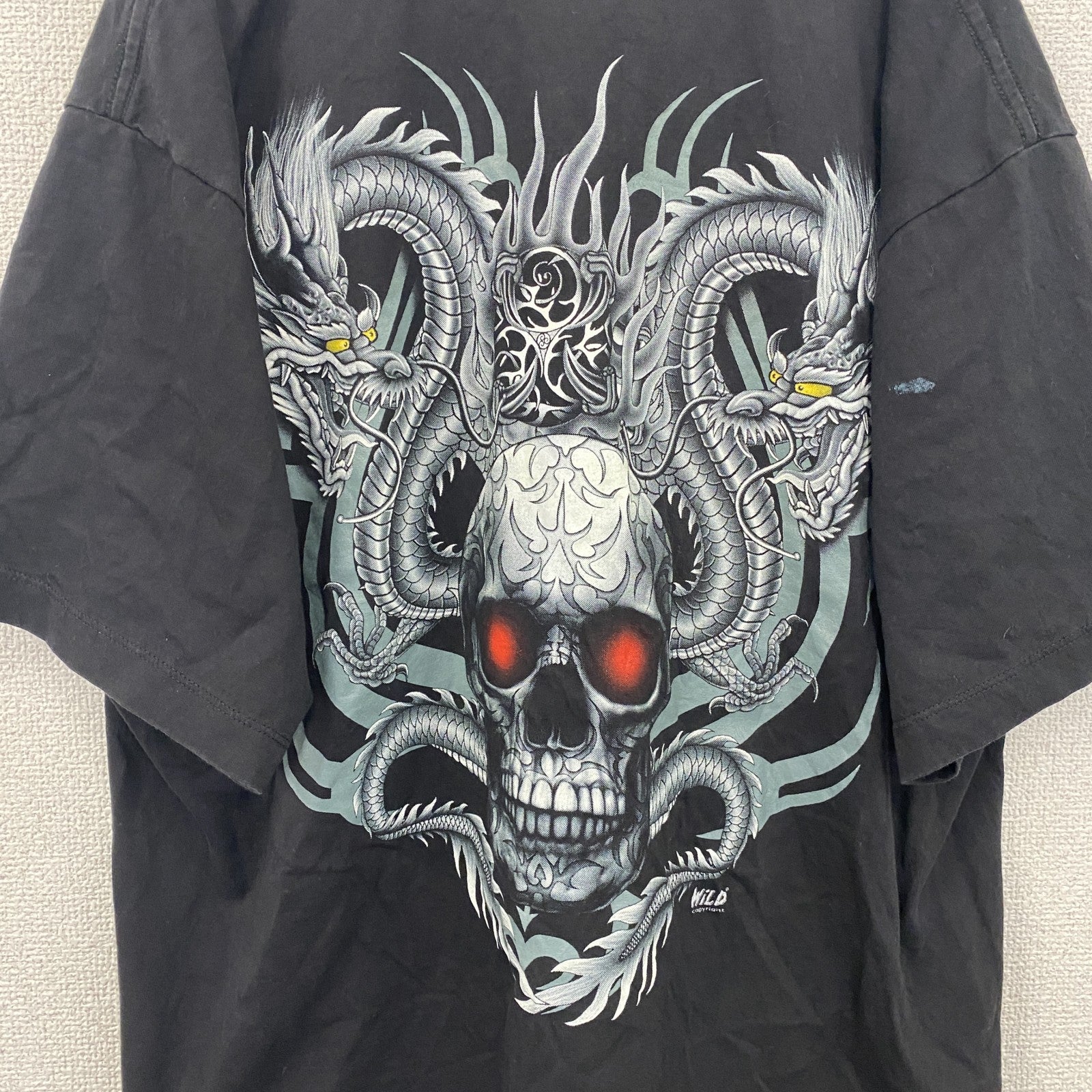 Wild　半袖プリントTシャツ　スカル　骸骨　龍　黒　ブラック　XLサイズ　古着