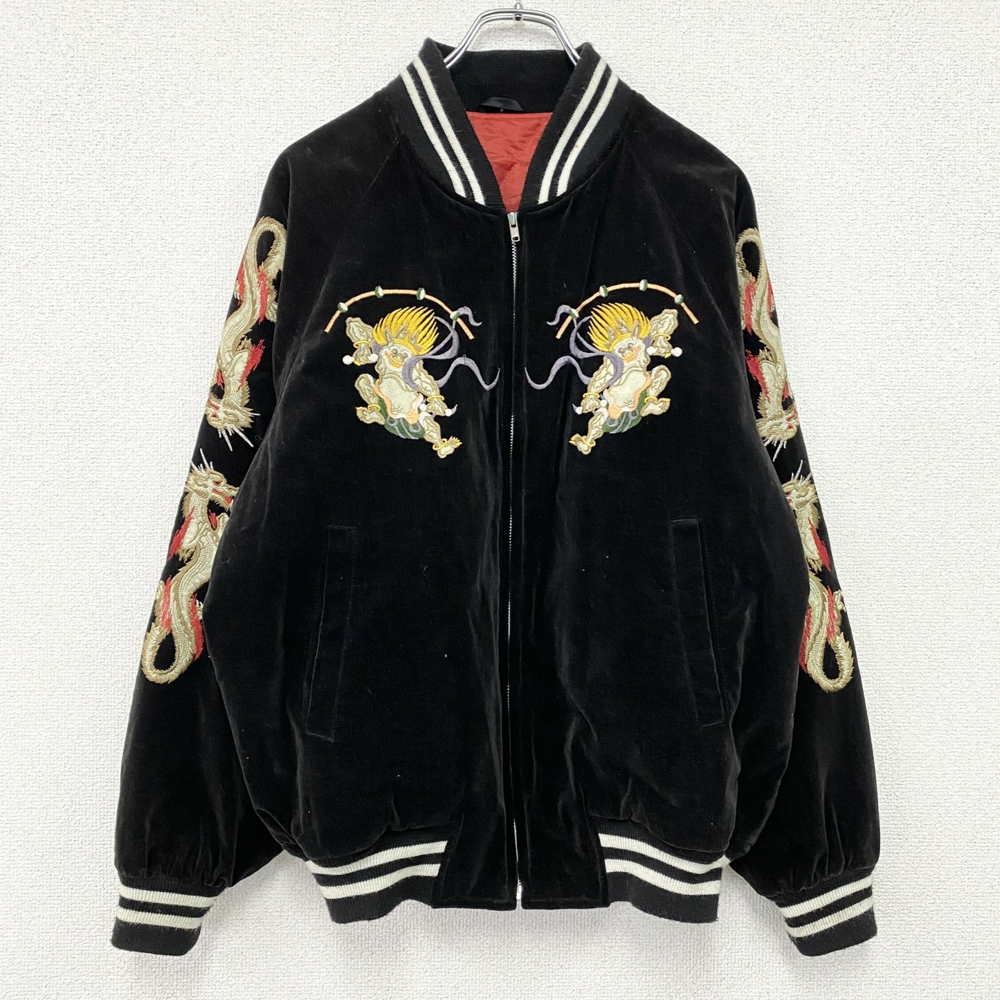 ～90s　風神　雷神　スカジャン　スーベニアジャケット　ヴィンテージ　漢字刺繍　和柄　別珍　ベロア　黒　ブラック