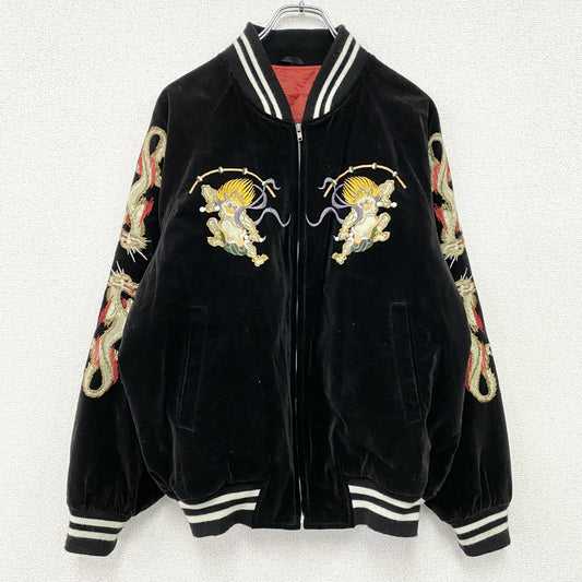 ～90s　風神　雷神　スカジャン　スーベニアジャケット　ヴィンテージ　漢字刺繍　和柄　別珍　ベロア　黒　ブラック