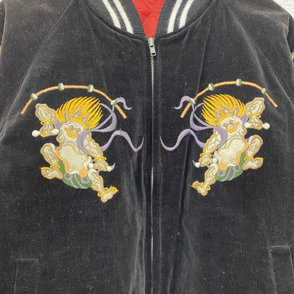 ～90s　風神　雷神　スカジャン　スーベニアジャケット　ヴィンテージ　漢字刺繍　和柄　別珍　ベロア　黒　ブラック