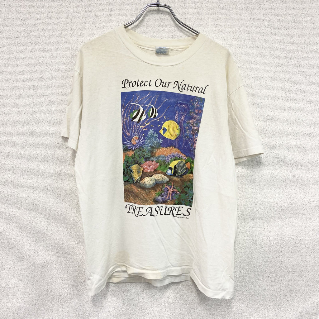 Hanes　ヘインズ　半袖プリントTシャツ　シングルステッチ　魚　白　ホワイト　Lサイズ カットソー メンズ コットン 古着