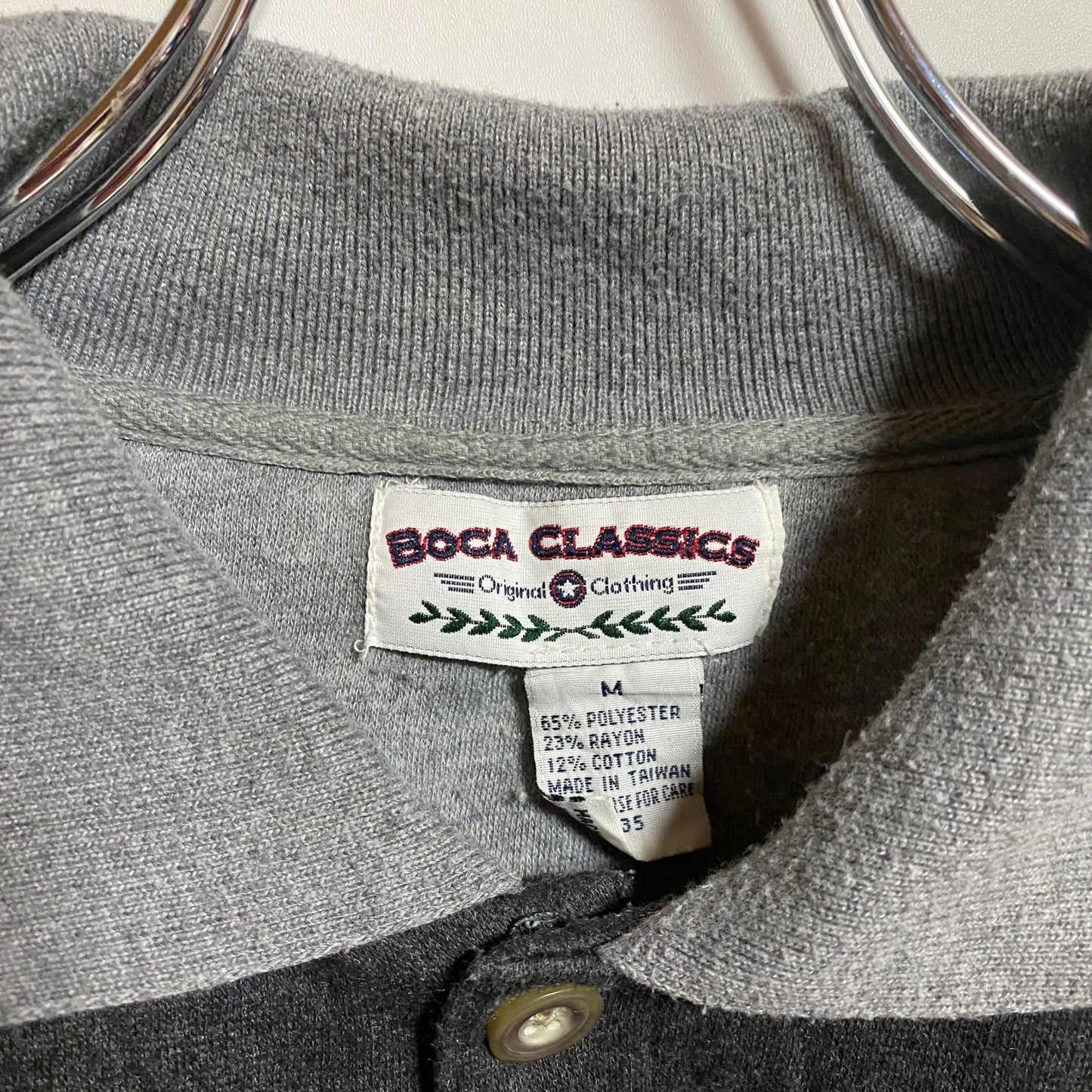 古着 used　BOCACLASSICS　長袖ポロスウェット　トレーナー　ボーダー柄　グレー　レトロ　秋冬服　Mサイズ