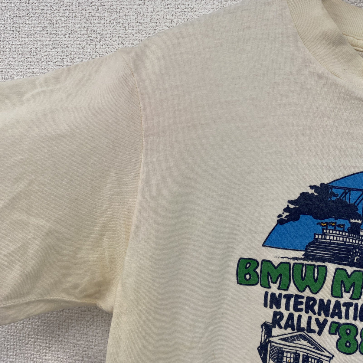 80s　BMW MOA　半袖プリントTシャツ　USA製　ヴィンテージ　シングルステッチ　ベージュ　Mサイズ 　古着