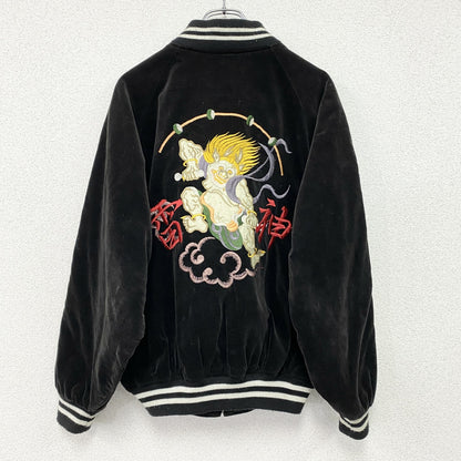 ～90s　風神　雷神　スカジャン　スーベニアジャケット　ヴィンテージ　漢字刺繍　和柄　別珍　ベロア　黒　ブラック
