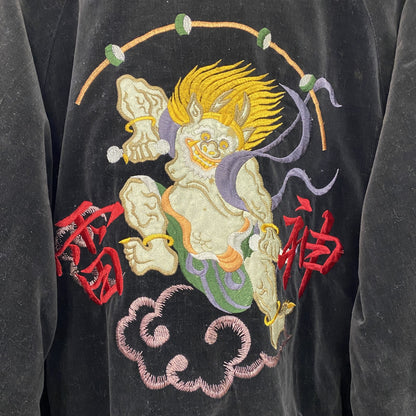 ～90s　風神　雷神　スカジャン　スーベニアジャケット　ヴィンテージ　漢字刺繍　和柄　別珍　ベロア　黒　ブラック
