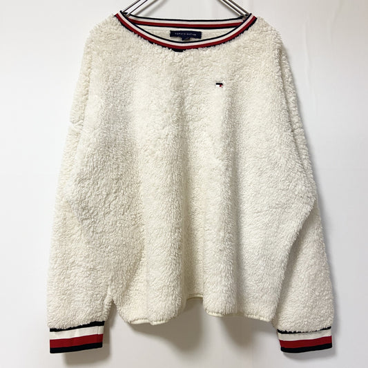 古着 used　TOMMY HILFIGER トミーヒルフィガー　長袖ボアフリースプルオーバー　ロゴ刺繍　白　Lサイズ