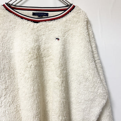 古着 used　TOMMY HILFIGER トミーヒルフィガー　長袖ボアフリースプルオーバー　ロゴ刺繍　白　Lサイズ