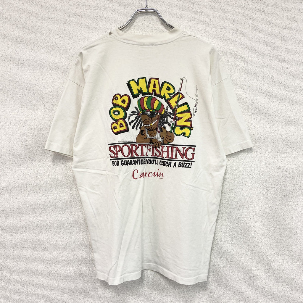 BOB MARLINS　半袖プリントTシャツ　パロディ　シングルステッチ　白　ホワイト　XLサイズ カットソー メンズ 古着