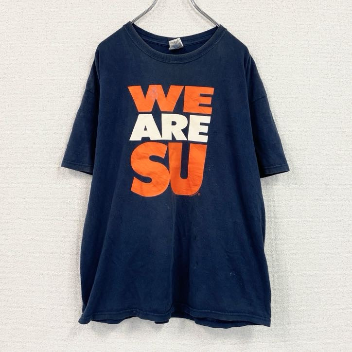 GILDAN　ギルダン　半袖プリントTシャツ　3連プリント　両面プリント　ビッグプリント　クルーネック　紺　ネイビー　XLサイズ　古着