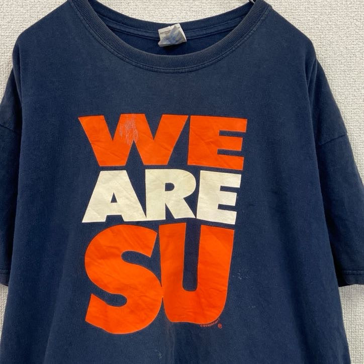 GILDAN　ギルダン　半袖プリントTシャツ　3連プリント　両面プリント　ビッグプリント　クルーネック　紺　ネイビー　XLサイズ　古着