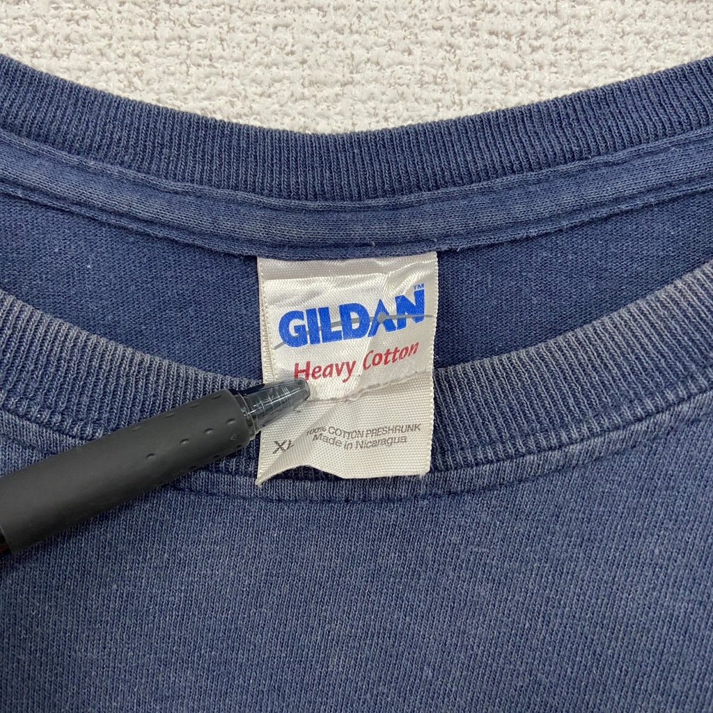 GILDAN　ギルダン　半袖プリントTシャツ　3連プリント　両面プリント　ビッグプリント　クルーネック　紺　ネイビー　XLサイズ　古着