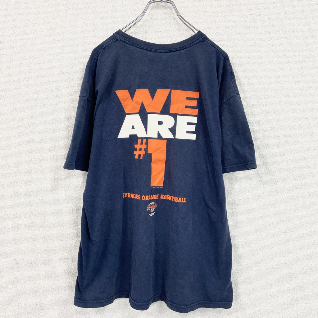 GILDAN　ギルダン　半袖プリントTシャツ　3連プリント　両面プリント　ビッグプリント　クルーネック　紺　ネイビー　XLサイズ　古着