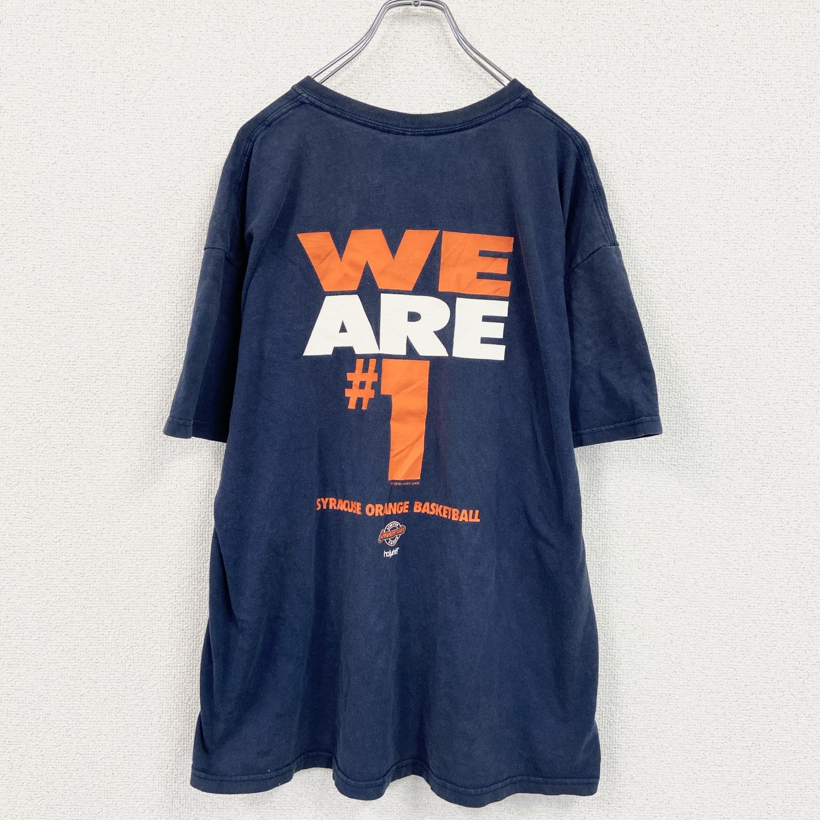 GILDAN　ギルダン　半袖プリントTシャツ　3連プリント　両面プリント　ビッグプリント　クルーネック　紺　ネイビー　XLサイズ　古着